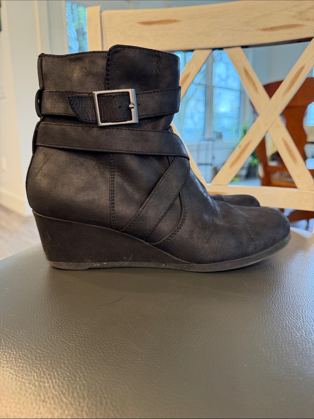 Women’s Black Wedge Ankle Boots with Buckle Strap